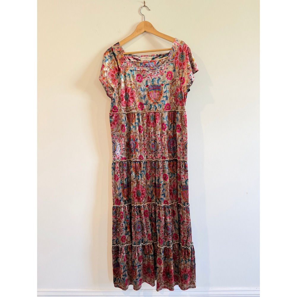 Natural Life Pink Tan Floral Velvet Maxi Dress Square Neck Tiered Boho Large